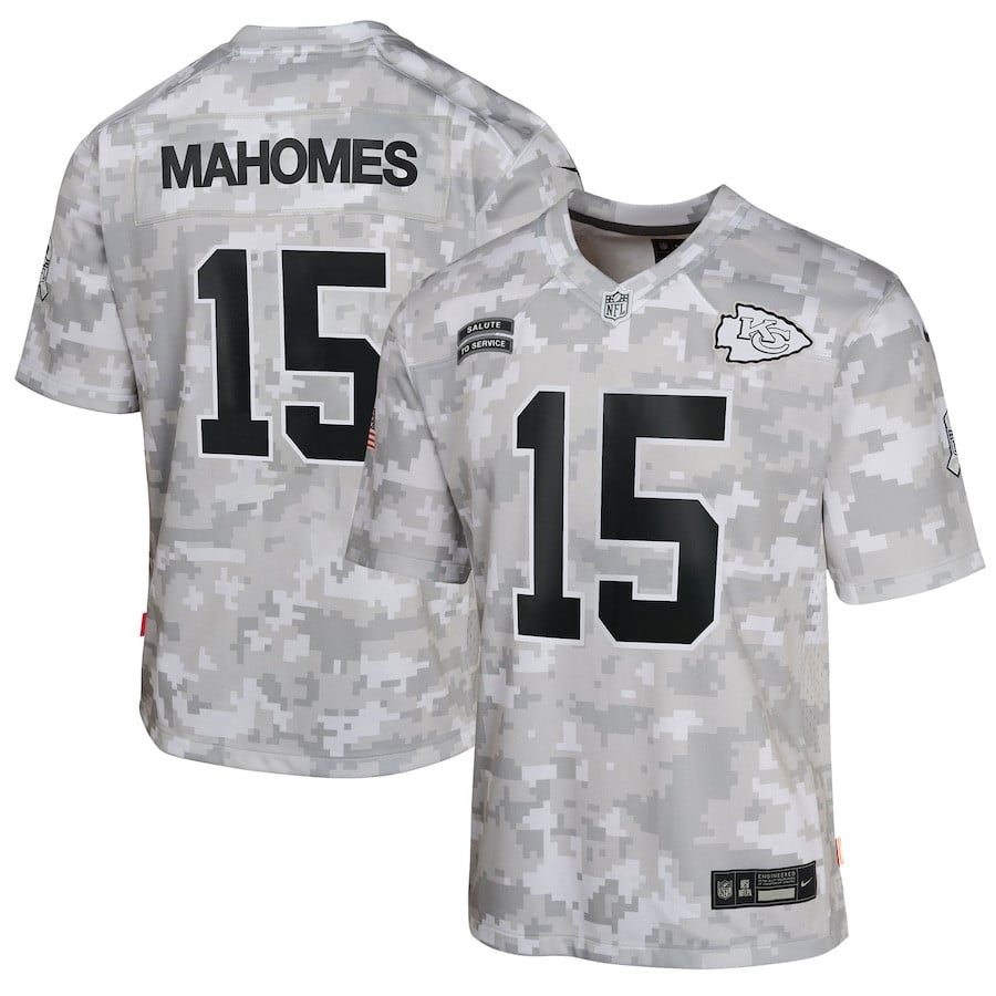 Patrick Mahomes 15 Kansas City Chiefs 2024 Salute to Service Game Arctic Camo NFL Jersey Youth