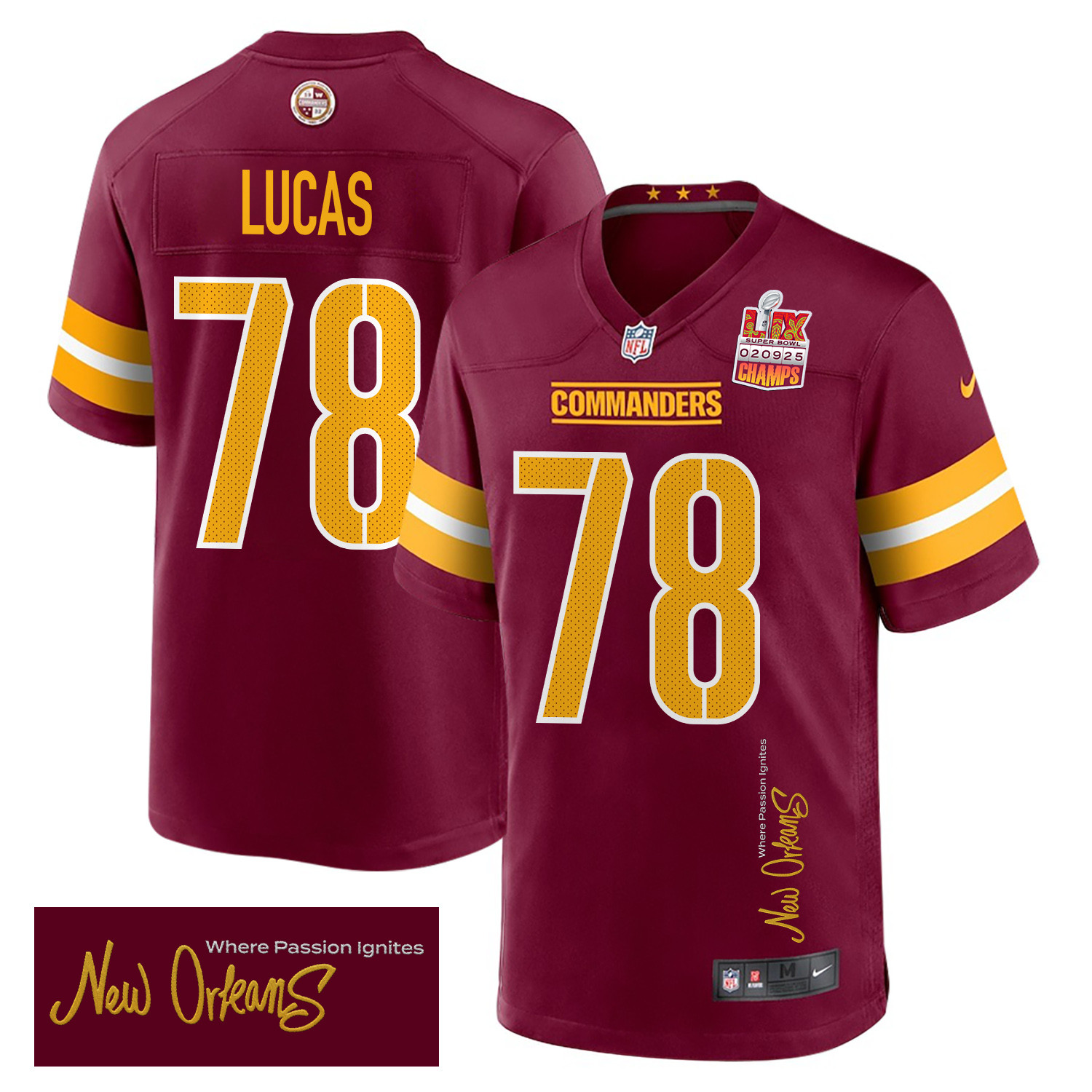 Cornelius Lucas 78 Washington Commanders Super Bowl LIX Champions Patch New Orleans Where Passion Ignites' EMBROIDERED Game Burgundy NFL Jersey Men's