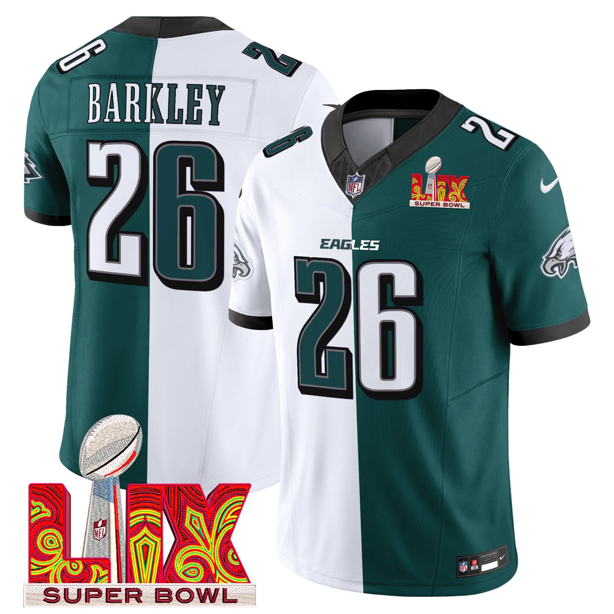 Saquon Barkley 26 Philadelphia Eagles Super Bowl Champions LIX Patch Vapor Limited Split NFL Jersey Men's