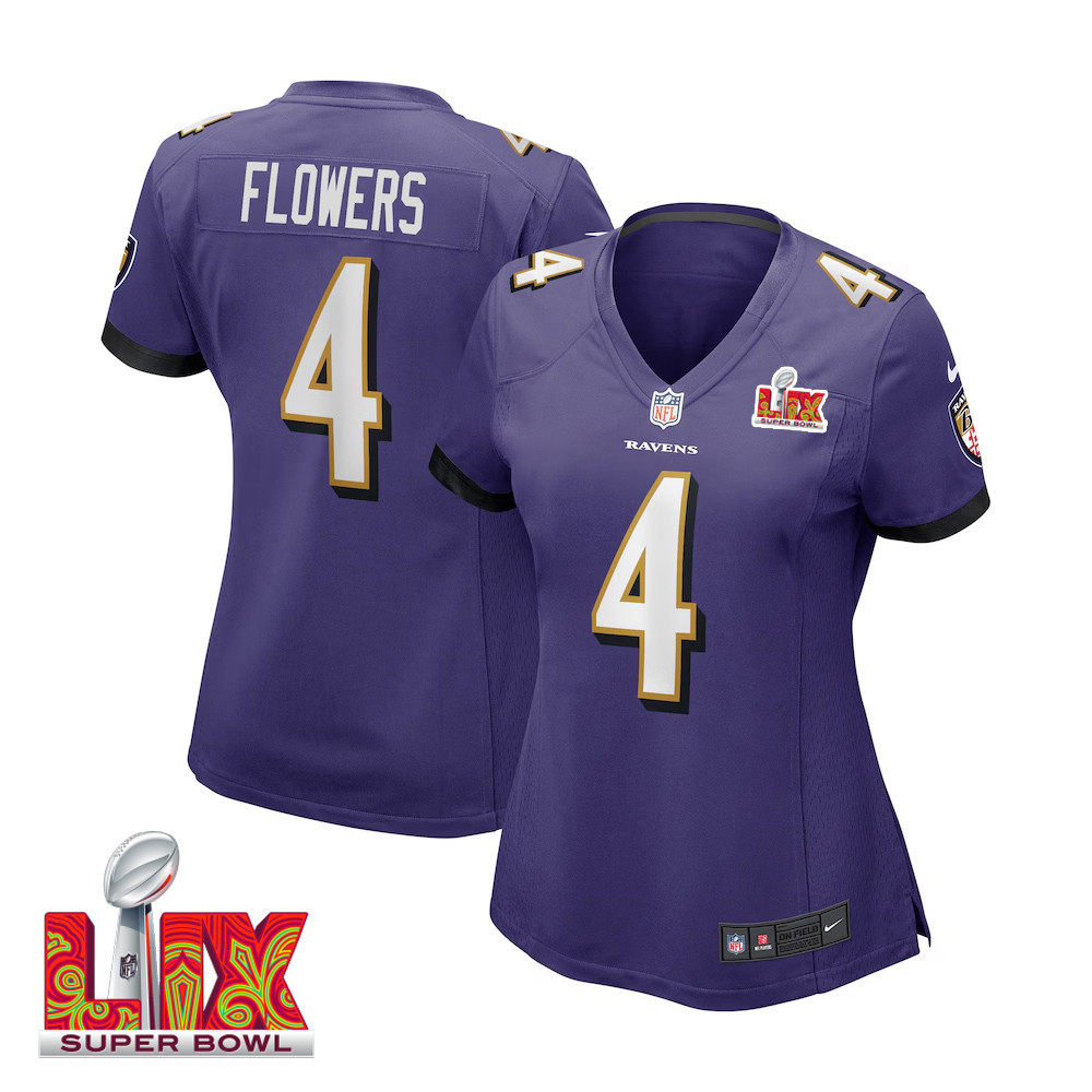 Zay Flowers #4 Baltimore Ravens Super Bowl LIX Purple NFL Jersey Women's