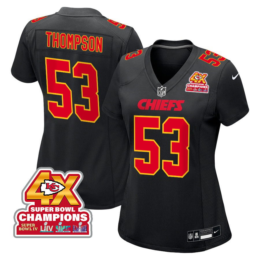 BJ Thompson 53 Kansas City Chiefs Super Bowl LVIII Champions 4X Fashion Game Carbon Black NFL Jersey Women's