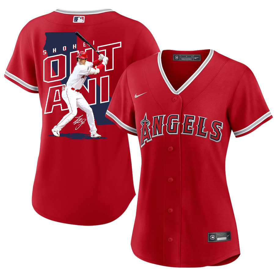 Shohei Ohtani 17 Los Angeles Angels Signed Map 2023 Alternate Player Red MLB Jersey Women's