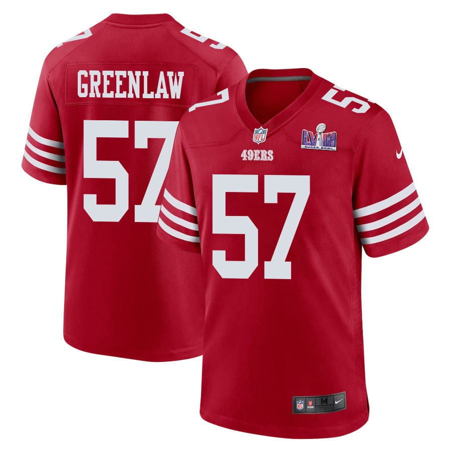 Dre Greenlaw 57 San Francisco 49ers Super Bowl LVIII Patch Game Scarlet NFL Jersey Men's