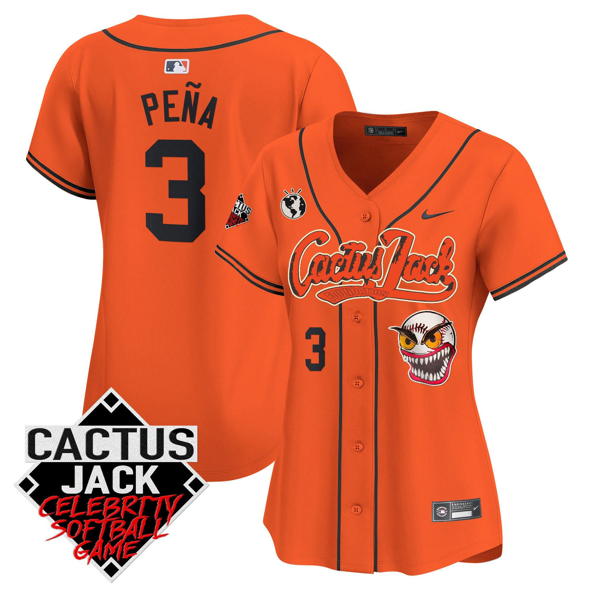 Jeremy Pena 3 Houston Astros Cactus Jack Celebrity Softball Game Patch Orange MLB Jersey Women's
