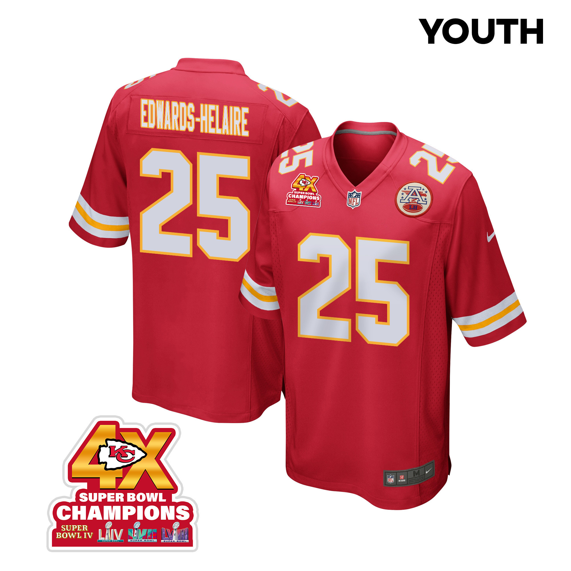 Clyde Edwards-Helaire 25 Kansas City Chiefs Super Bowl LVIII Champions 4X Game Red NFL Jersey Youth