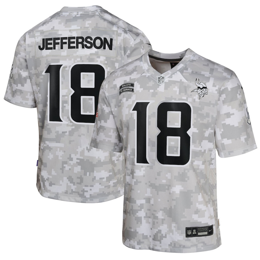 Justin Jefferson 18 Minnesota Vikings 2024 Salute to Service Game Arctic Camo NFL Jersey Youth