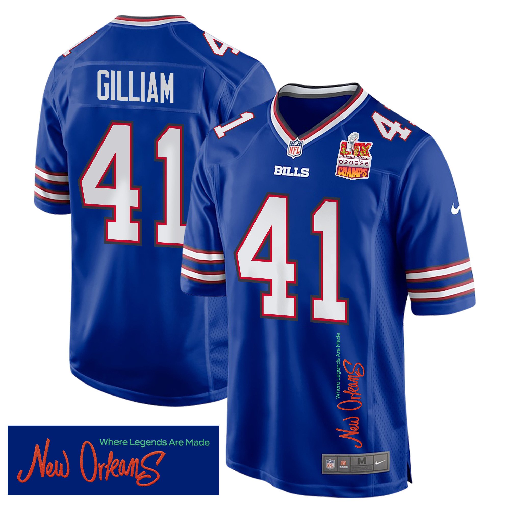 Reggie Gilliam 41 Buffalo Bills Super Bowl LIX Champions Patch New Orleans Where Legends Are Made' EMBROIDERED Game Royal NFL Jersey Men's