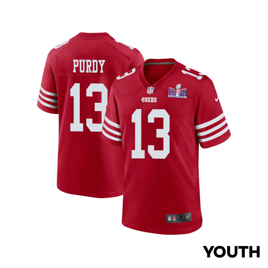 Brock Purdy 13 San Francisco 49ers Super Bowl LVIII Patch Game Scarlet NFL Jersey Youth