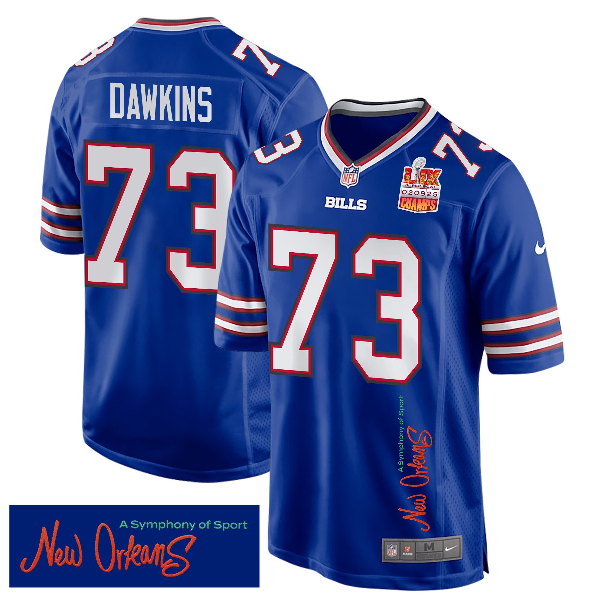 Dion Dawkins 73 Buffalo Bills Super Bowl LIX Champions Patch New Orleans A Symphony of Sport' EMBROIDERED Game Royal NFL Jersey Men's