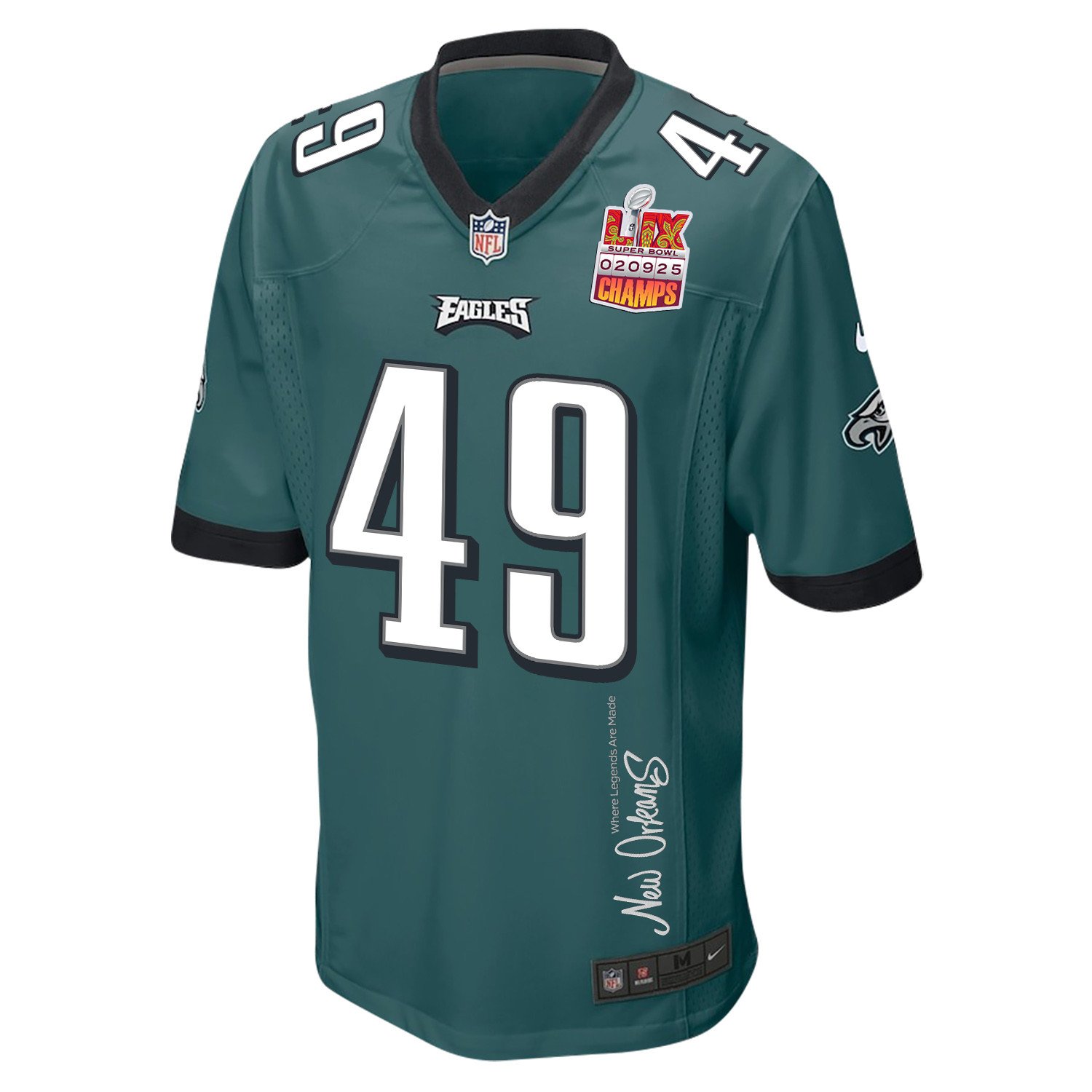Rick Lovato 49 Philadelphia Eagles Super Bowl LIX Champions Patch New Orleans Where Legends Are Made' EMBROIDERED Game Midnight Green NFL Jersey Men's