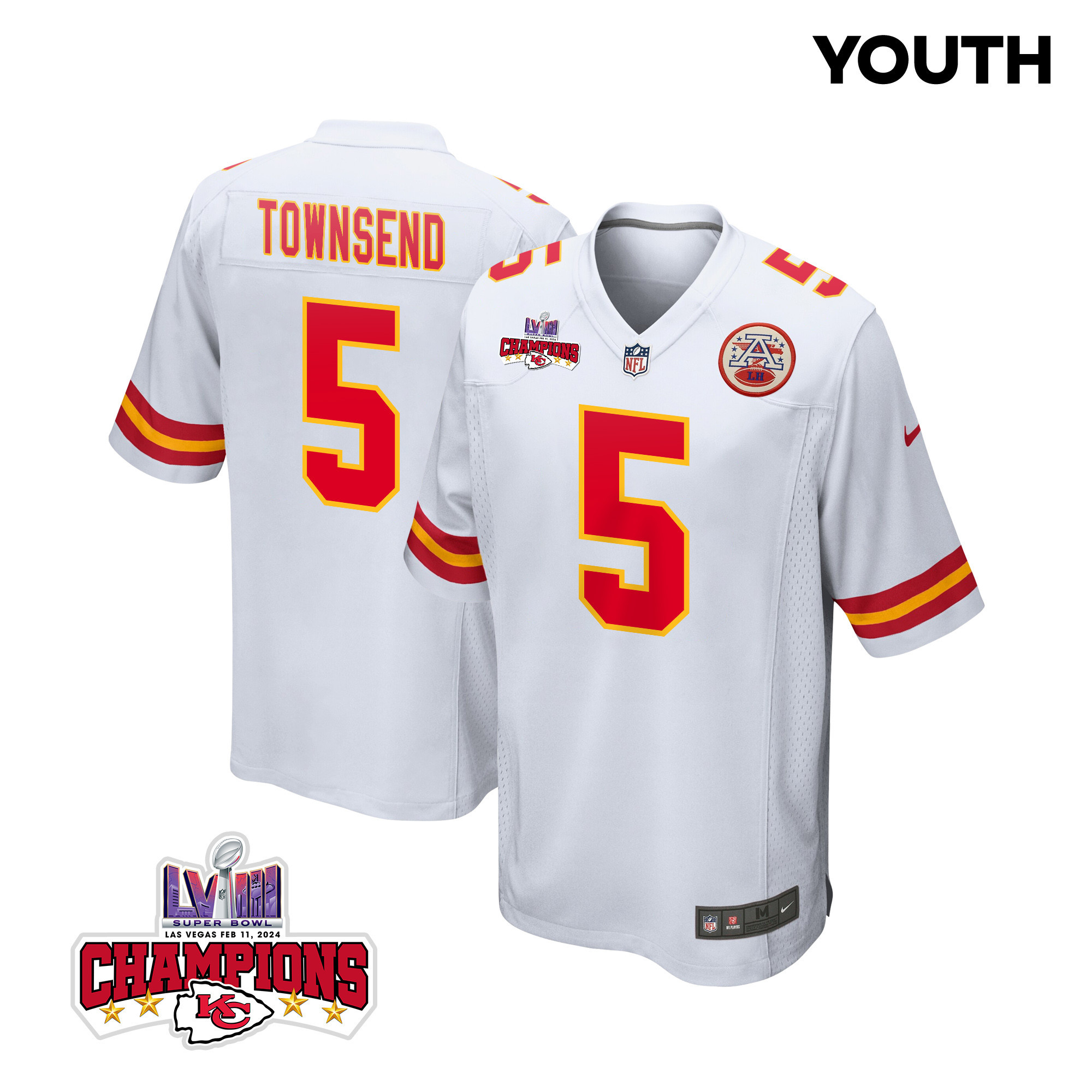 Tommy Townsend 5 Kansas City Chiefs Super Bowl LVIII Champions 4 Stars Patch Game White NFL Jersey Youth