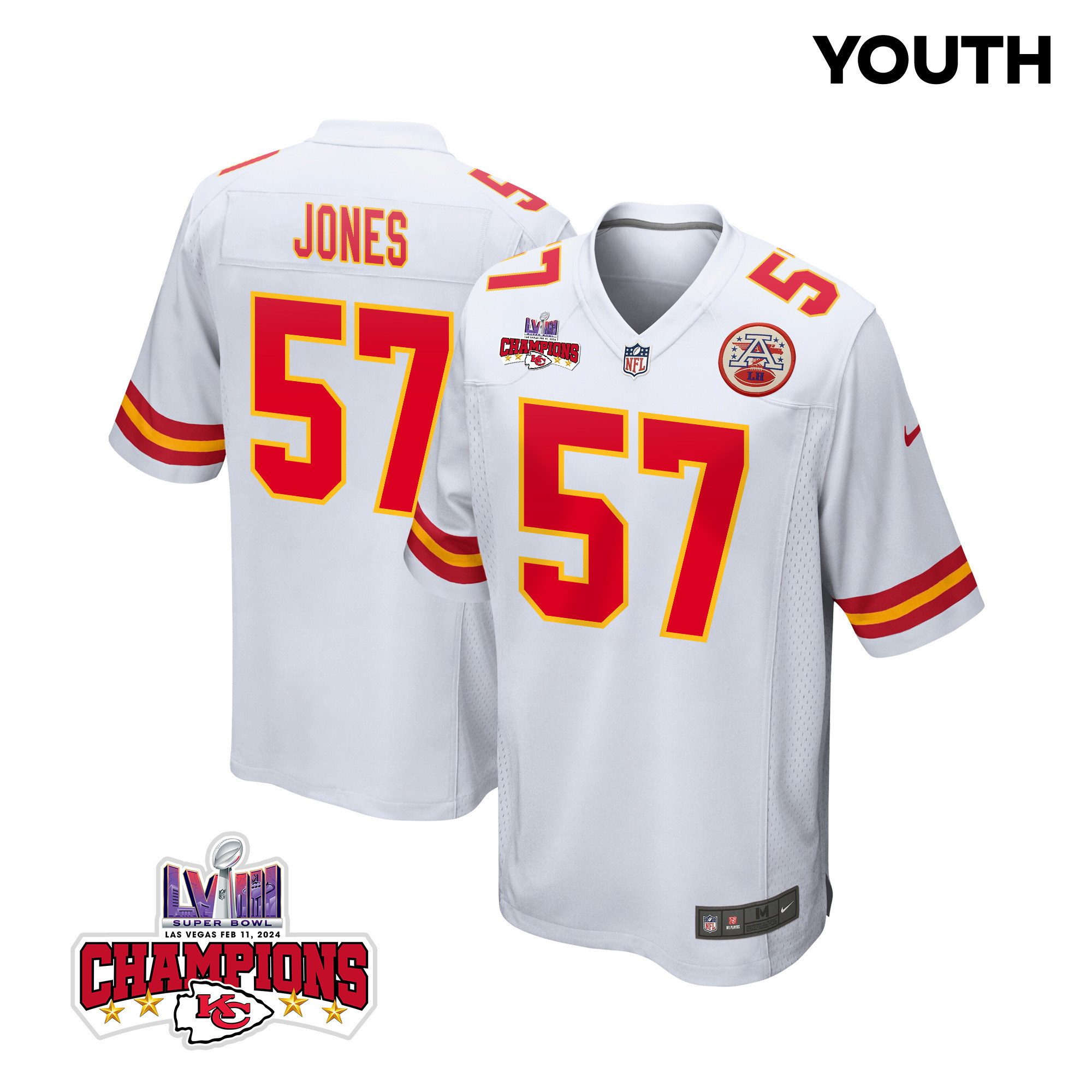 Truman Jones 57 Kansas City Chiefs Super Bowl LVIII Champions 4 Stars Patch Game White NFL Jersey Youth