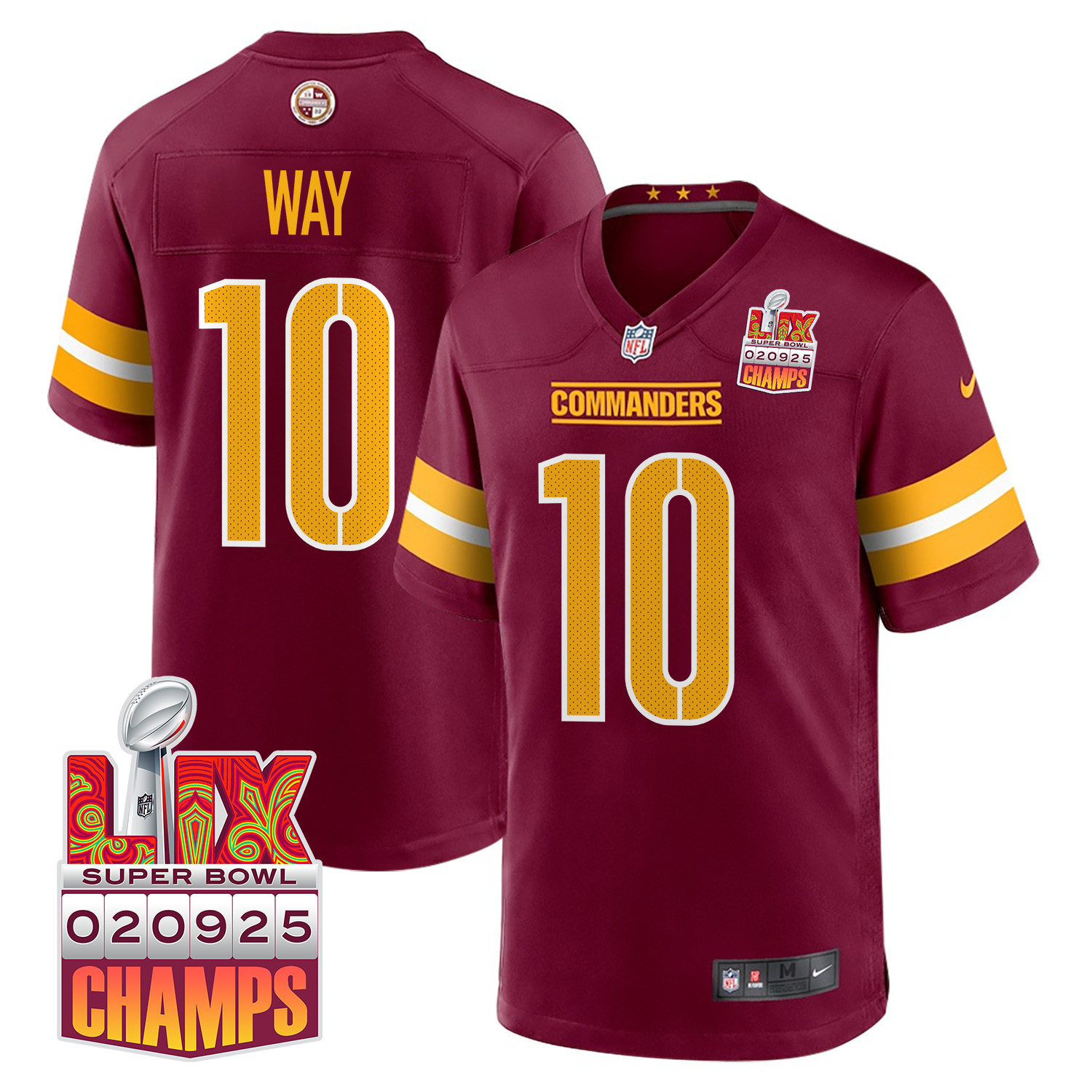 Tress Way 10 Washington Commanders Super Bowl LIX Champions Patch Game Burgundy NFL Jersey Men's