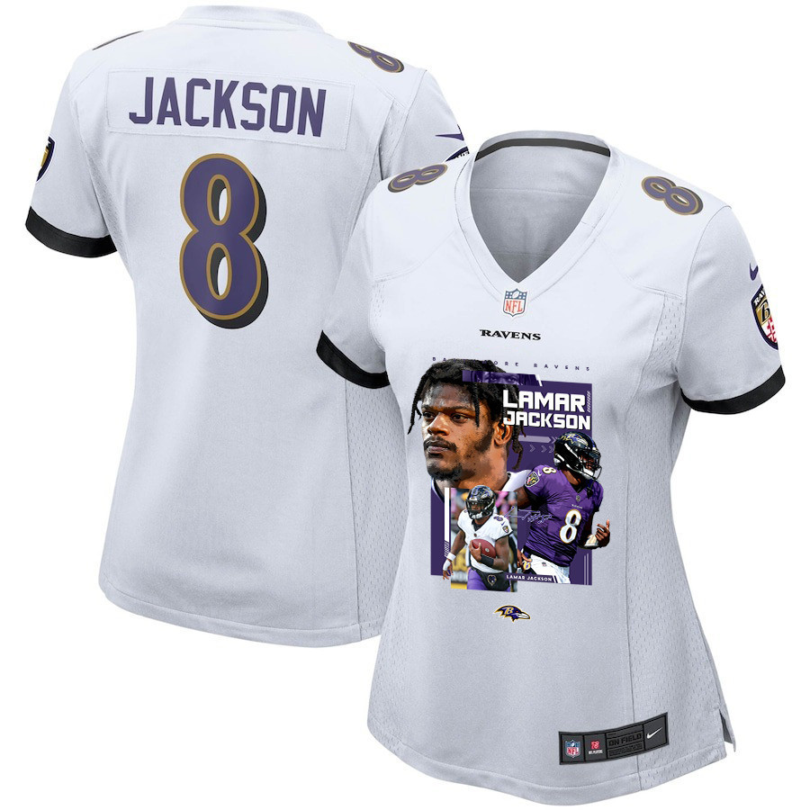 Lamar Jackson 8 Baltimore Ravens Cobra Jackson Game White NFL Jersey Women's