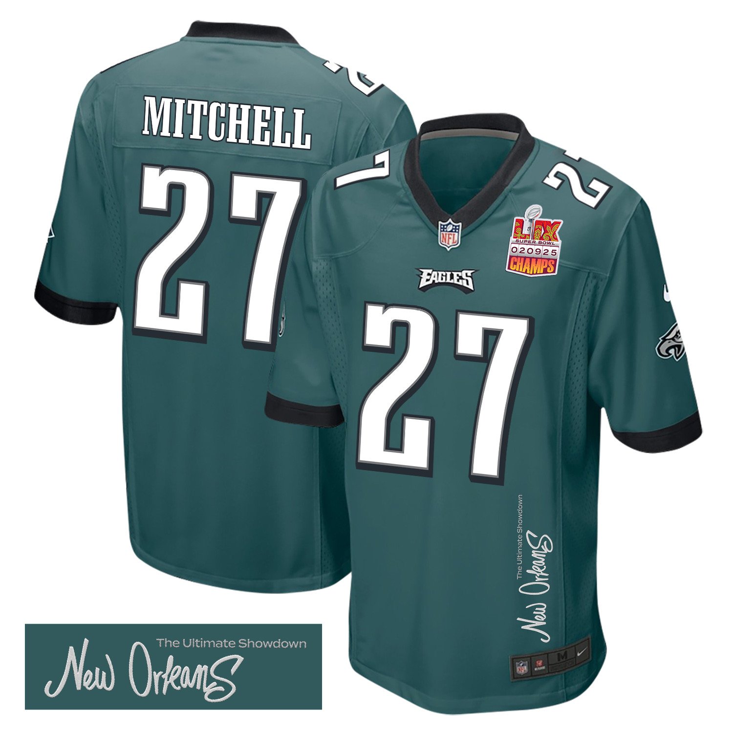 Quinyon Mitchell 27 Philadelphia Eagles Super Bowl LIX Champions Patch New Orleans The Ultimate Showdown' EMBROIDERED Game Midnight Green NFL Jersey Men's
