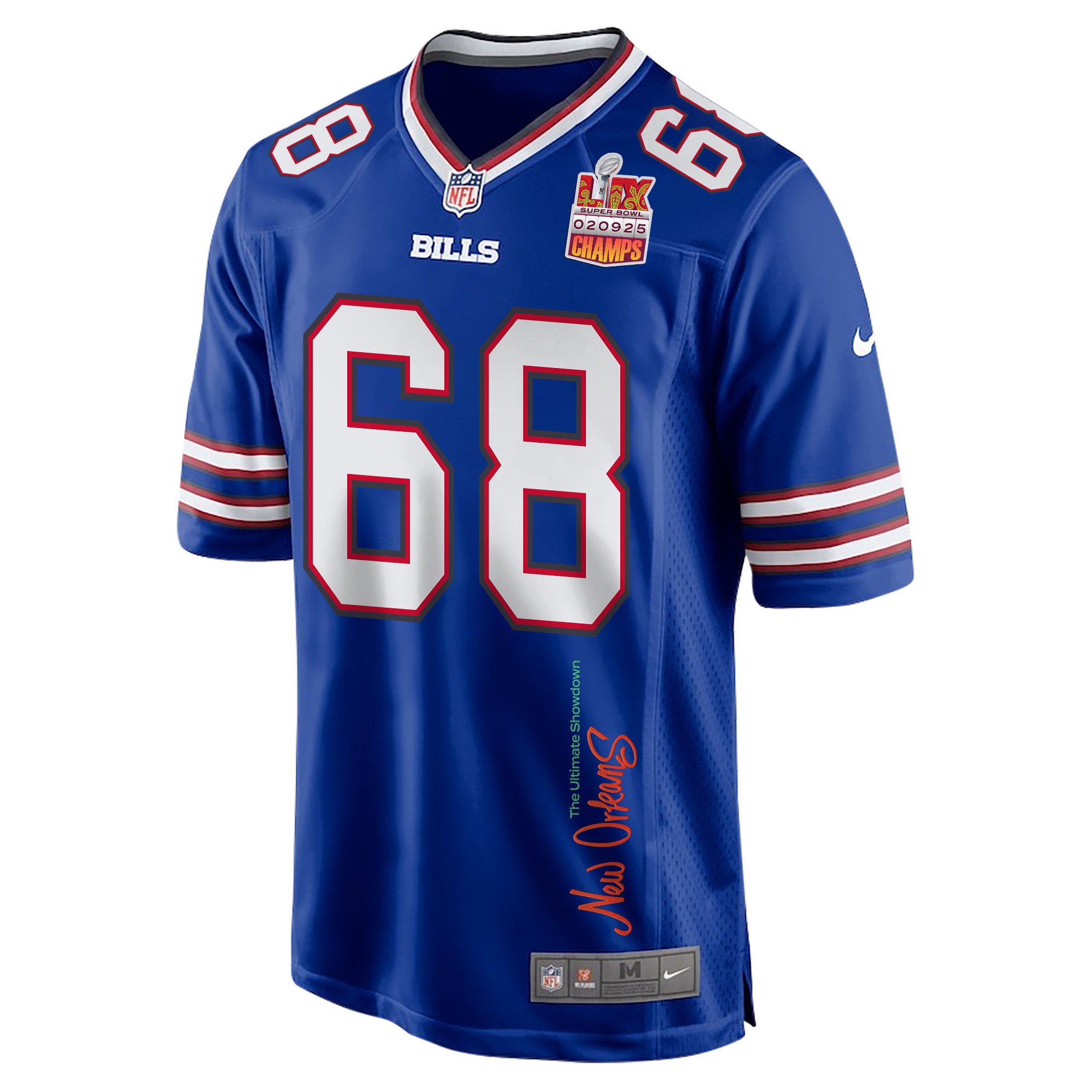 Tylan Grable 68 Buffalo Bills Super Bowl LIX Champions Patch New Orleans The Ultimate Showdown' EMBROIDERED Game Royal NFL Jersey Men's