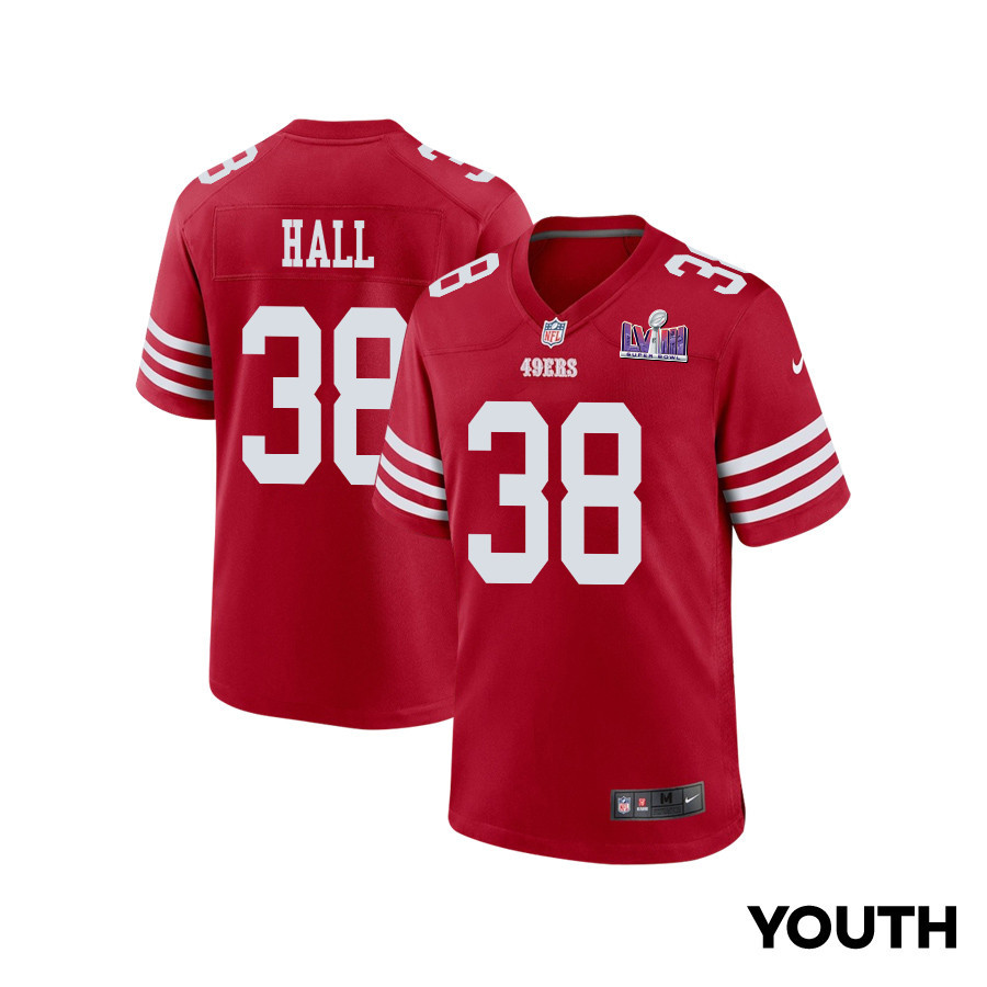 Kemon Hall 38 San Francisco 49ers Super Bowl LVIII Patch Game Scarlet NFL Jersey Youth