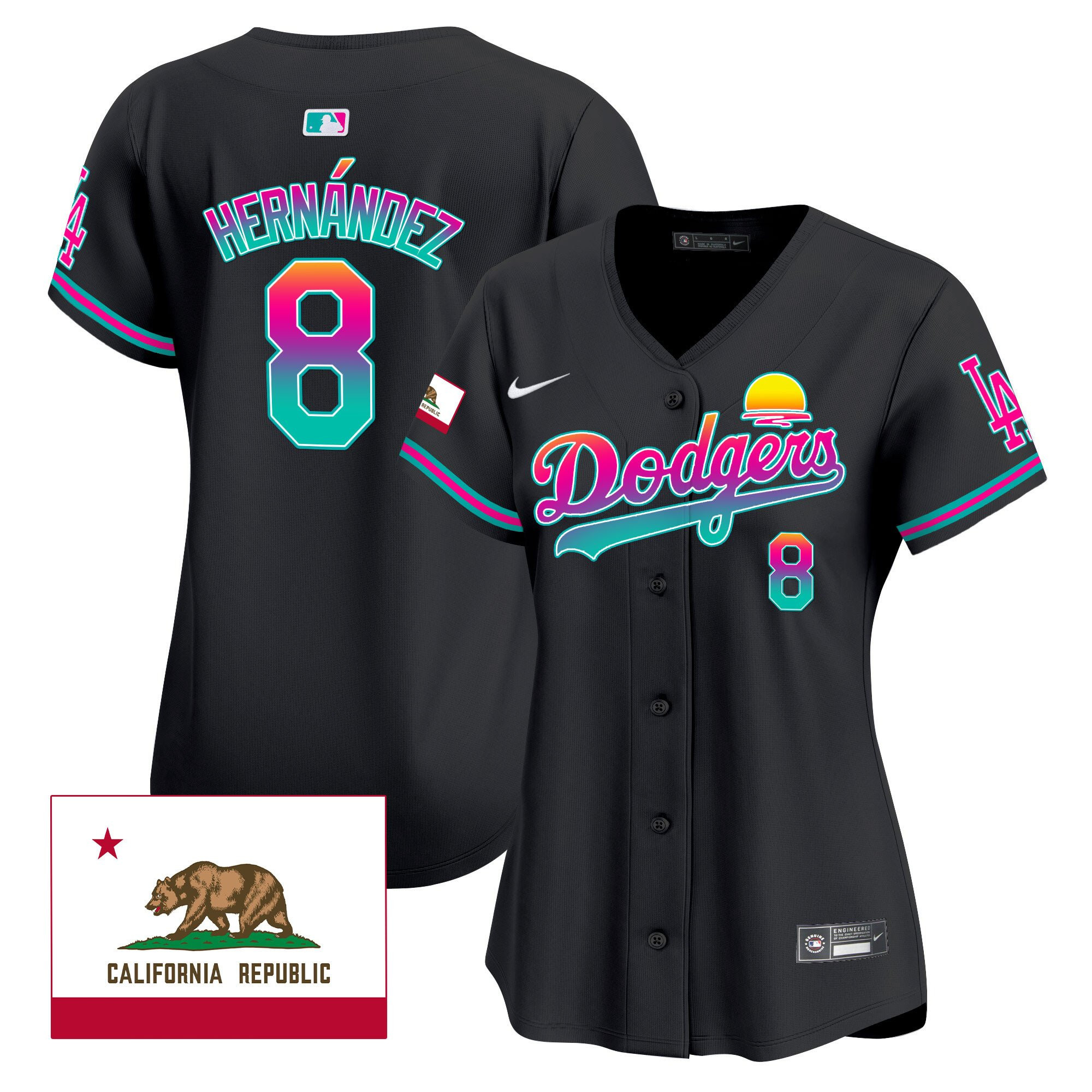 Kike Hernandez 8 Los Angeles Dodgers 2024 Los Angeles City Style California Republic Patch Black MLB Jersey Women's