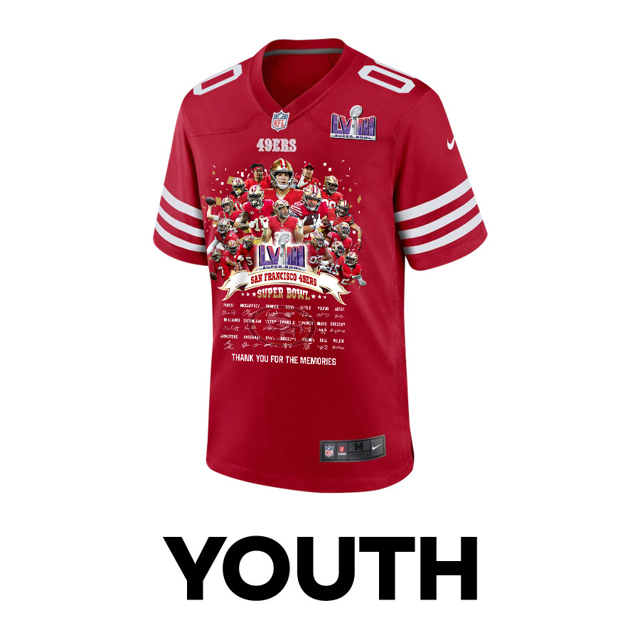 San Francisco 49ers Super Bowl LVIII Thanks For Memories Game Custom Scarlet NFL Jersey Youth