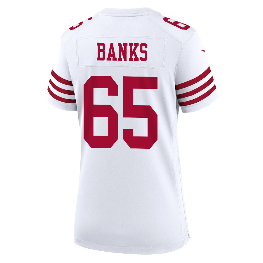 Aaron Banks 65 San Francisco 49ers Super Bowl LVIII Patch Game White NFL Jersey Women's