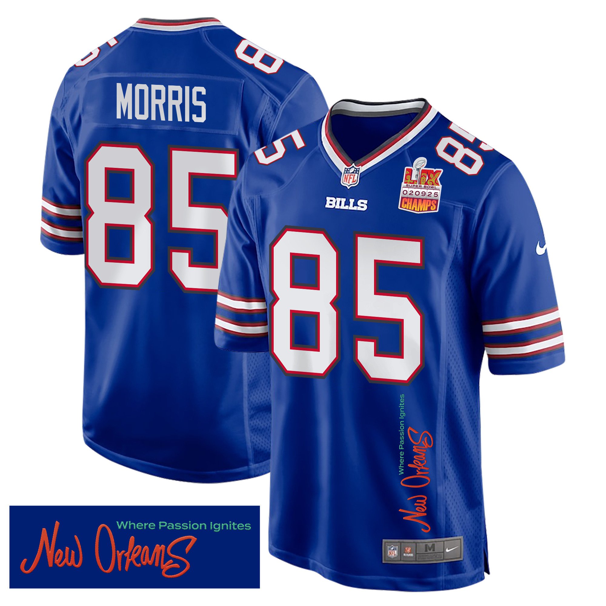 Quintin Morris 85 Buffalo Bills Super Bowl LIX Champions Patch New Orleans Where Passion Ignites' EMBROIDERED Game Royal NFL Jersey Men's