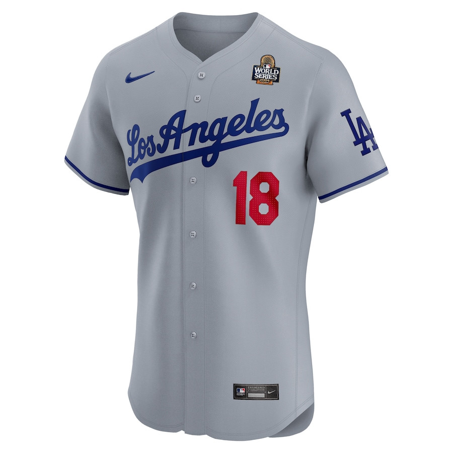 Yoshinobu Yamamoto 18 Los Angeles Dodgers 2024 World Series Road Elite Player Gray MLB Jersey Men's