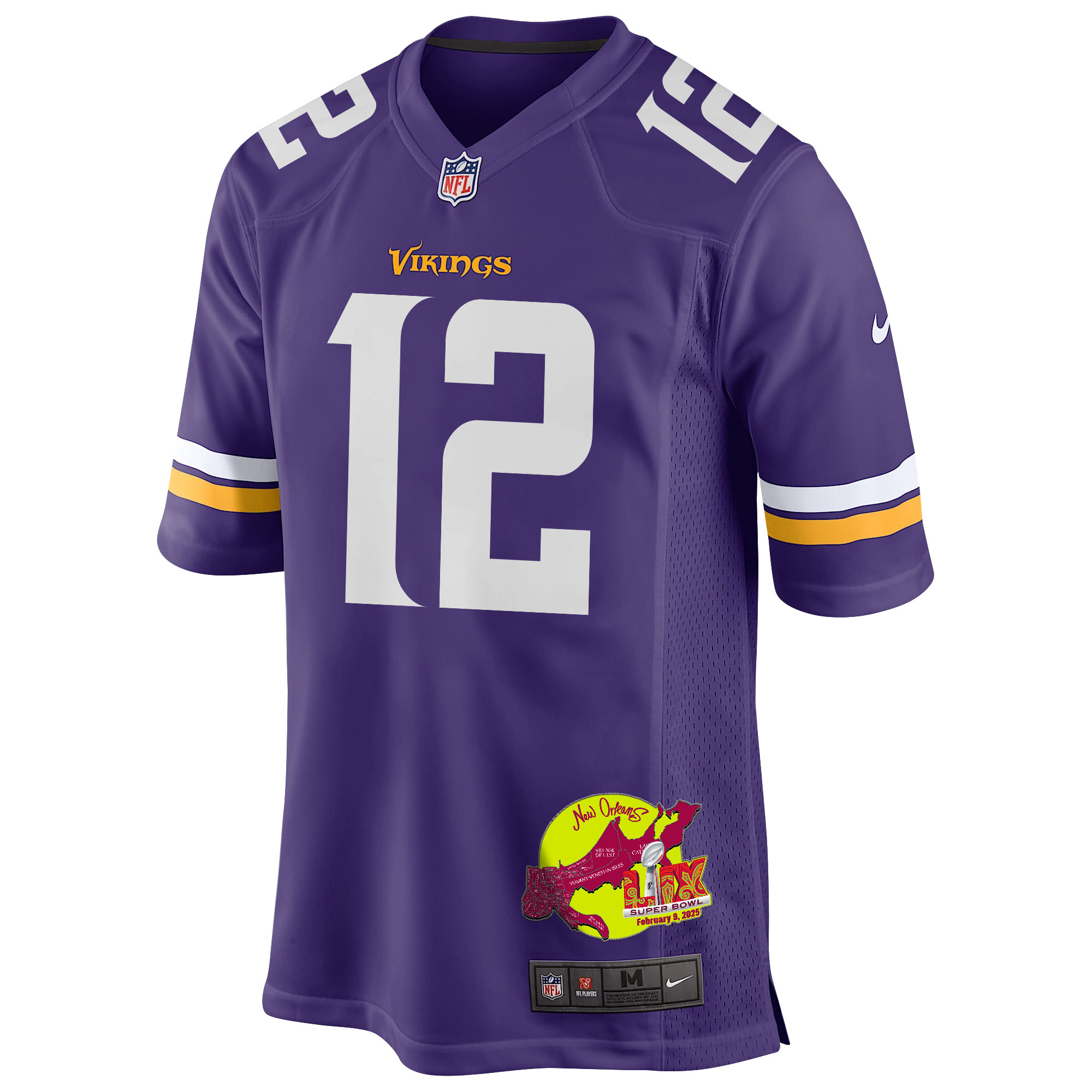 Nick Mullens 12 Minnesota Vikings Super Bowl LIX New Orleans Patch Game Purple NFL Jersey Men's