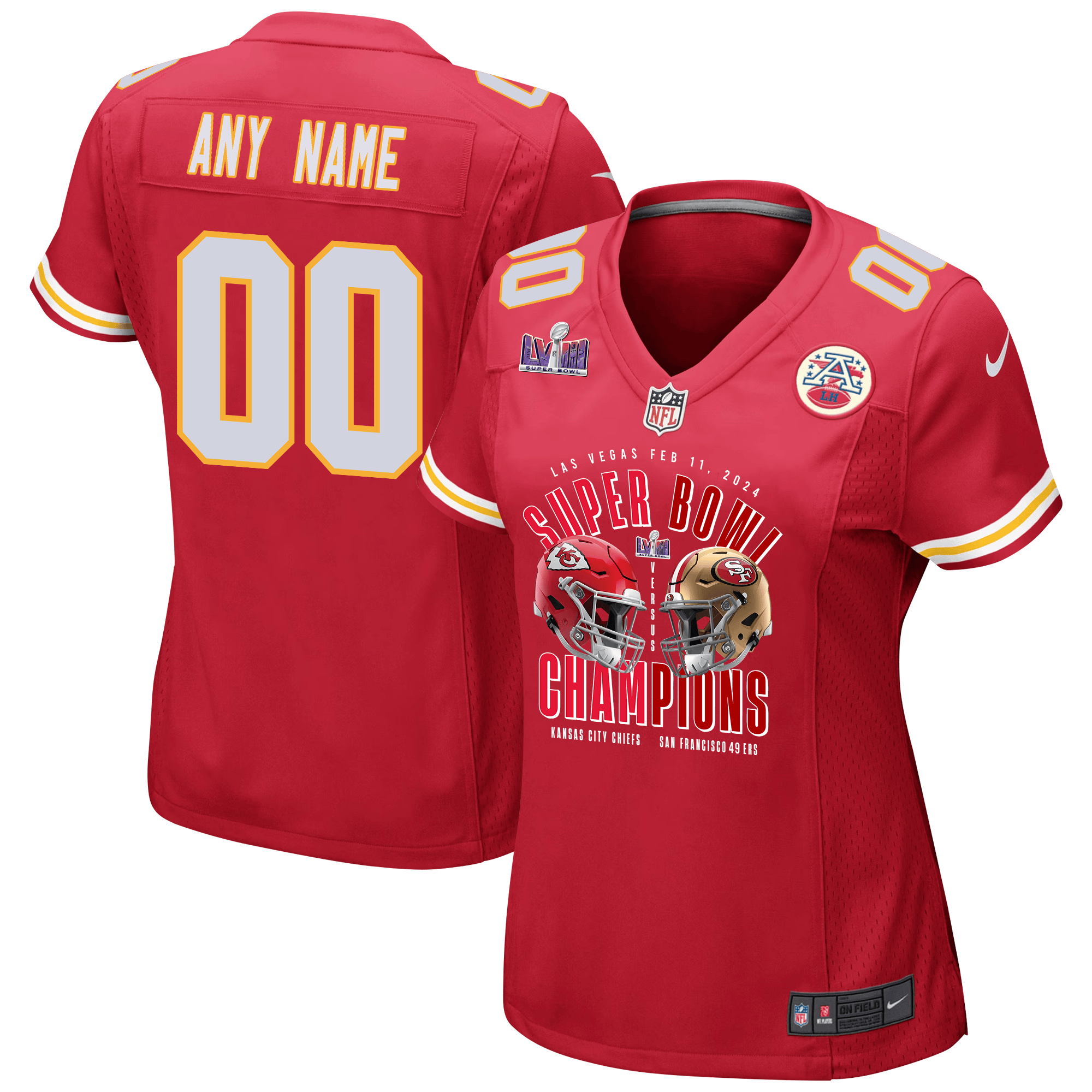 Kansas City Chiefs vs. San Francisco 49ers Super Bowl LVIII Matchup Game Custom Red NFL Jersey Women's