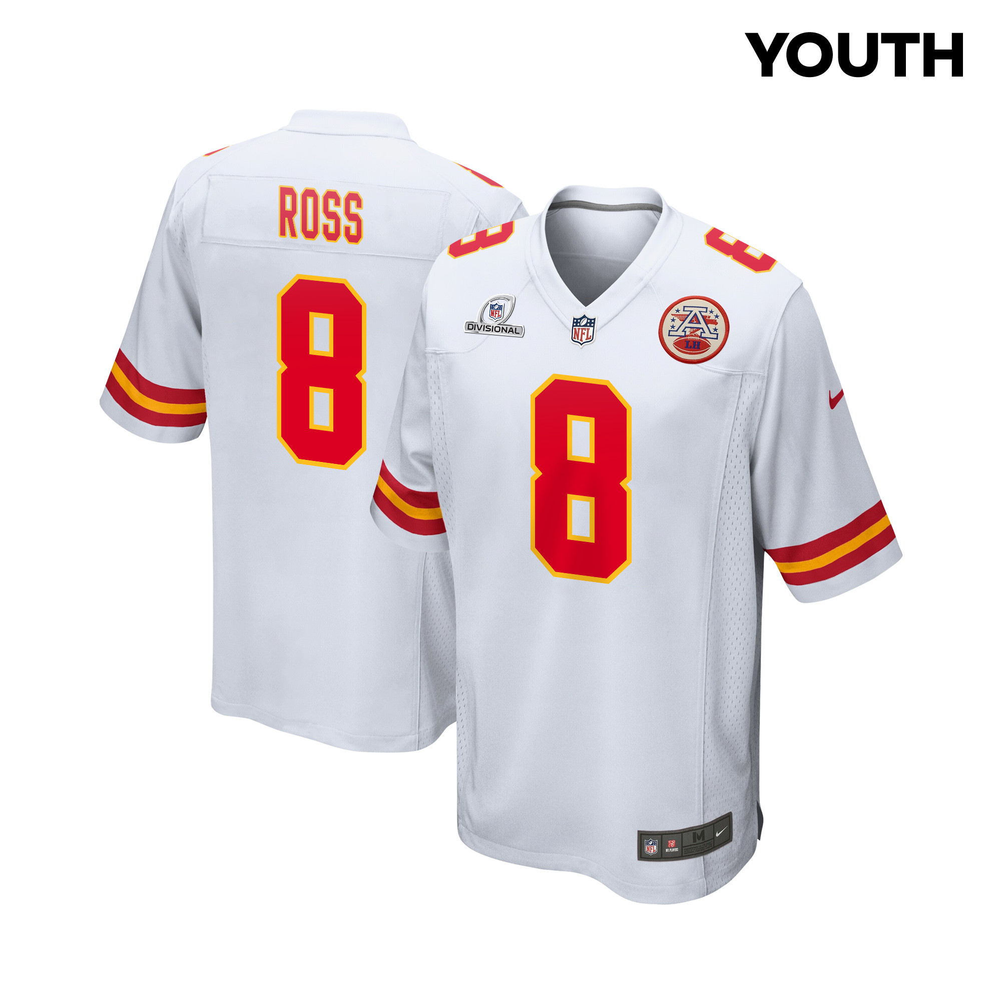Justyn Ross 8 Kansas City Chiefs Super Bowl LVIII Patch Game White NFL Jersey Youth