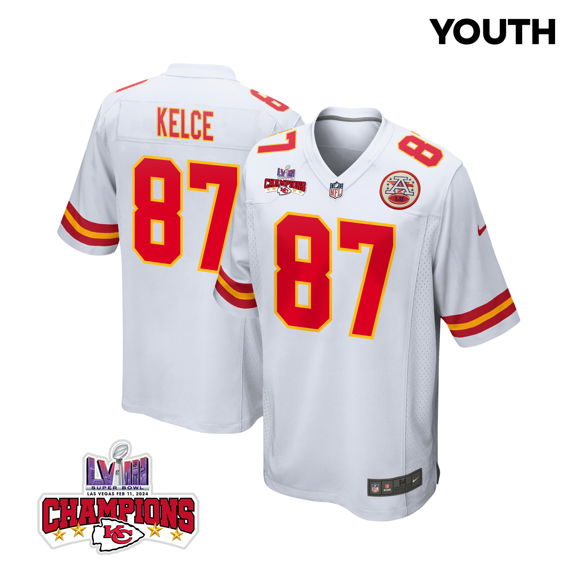 Travis Kelce 87 Kansas City Chiefs Super Bowl LVIII Champions 4 Stars Patch Game White NFL Jersey Youth