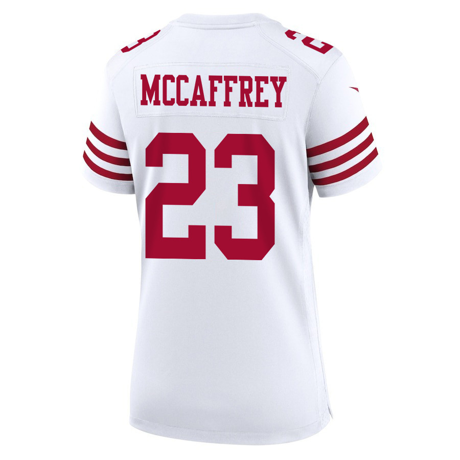Christian McCaffrey 23 San Francisco 49ers Super Bowl LVIII Patch Game White NFL Jersey Women's