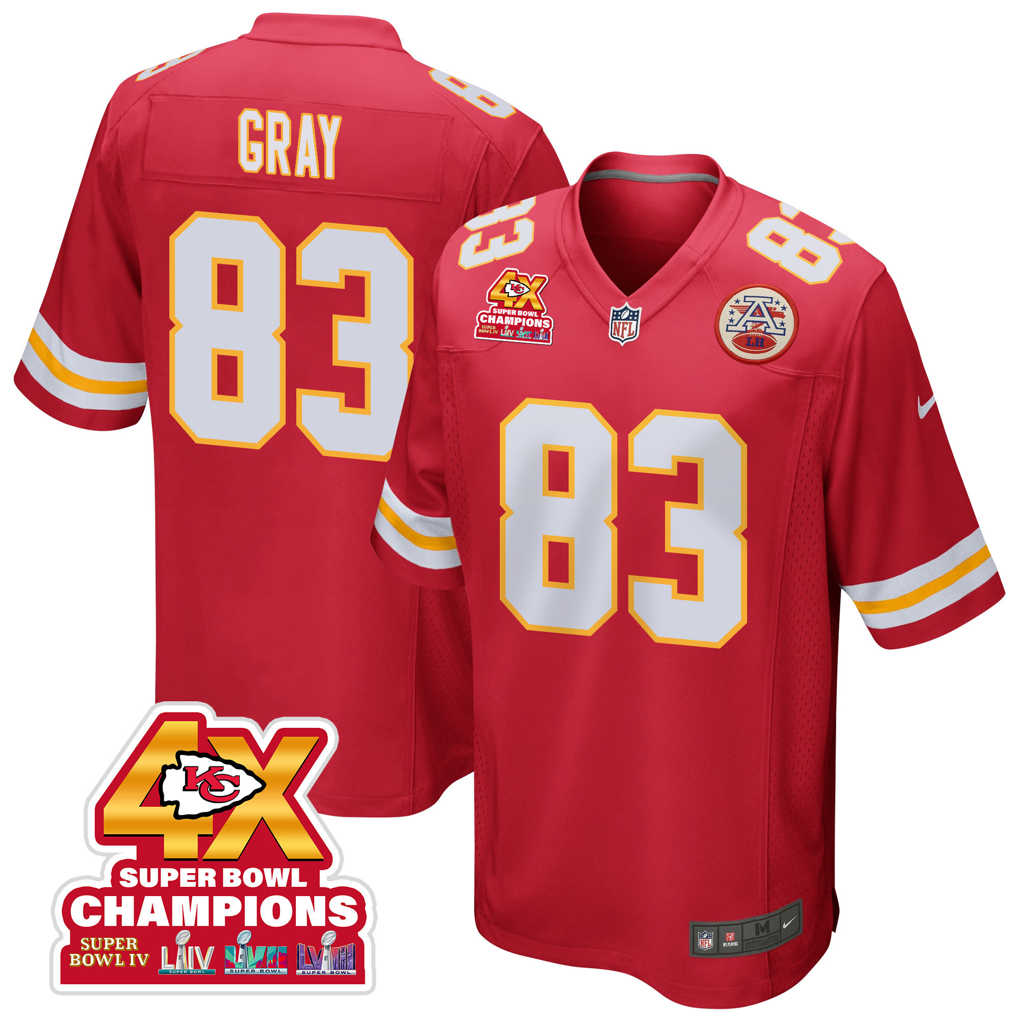 Noah Gray 83 Kansas City Chiefs Super Bowl LVIII Champions 4X Game Red NFL Jersey Men's