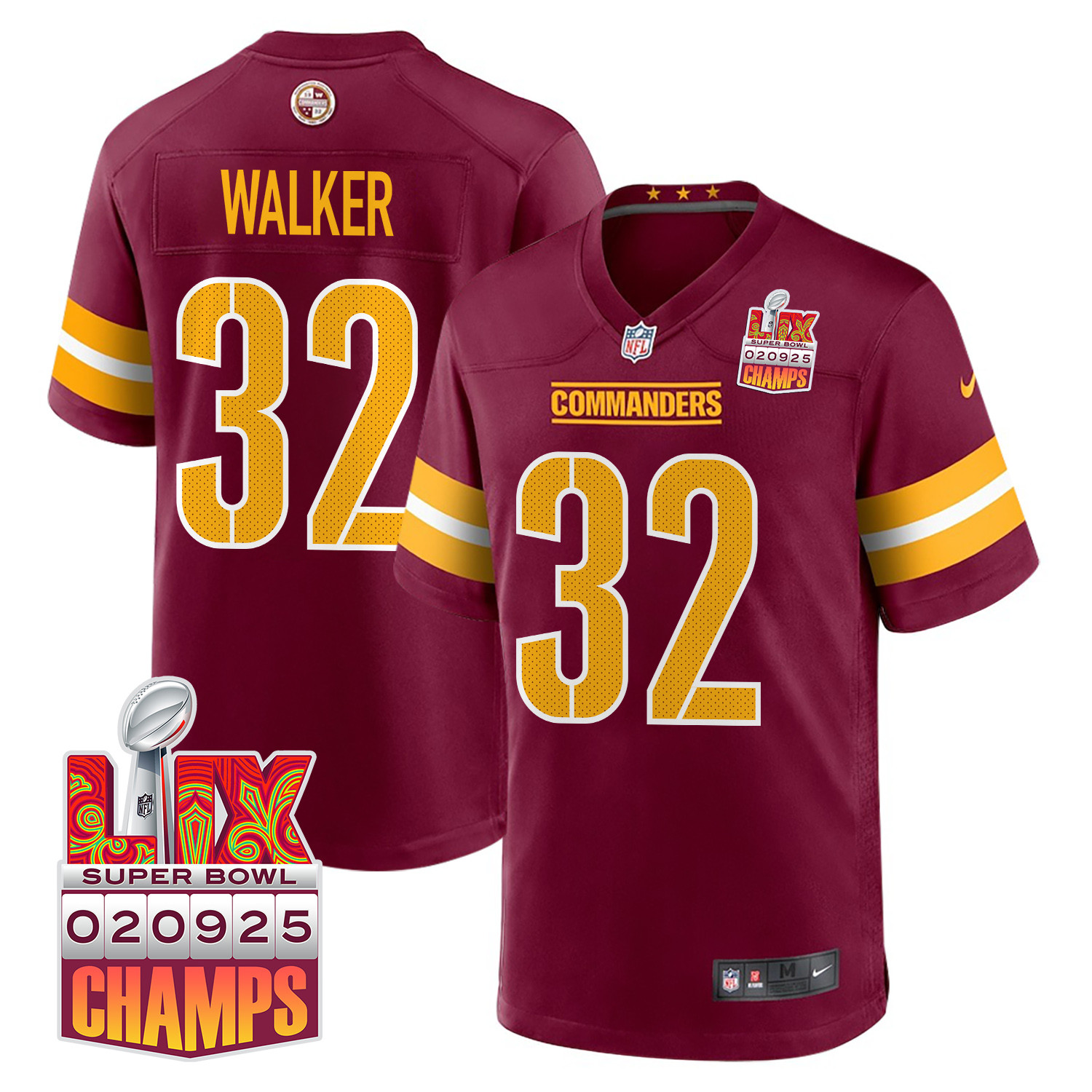 Mykal Walker 32 Washington Commanders Super Bowl LIX Champions Patch Game Burgundy NFL Jersey Men's