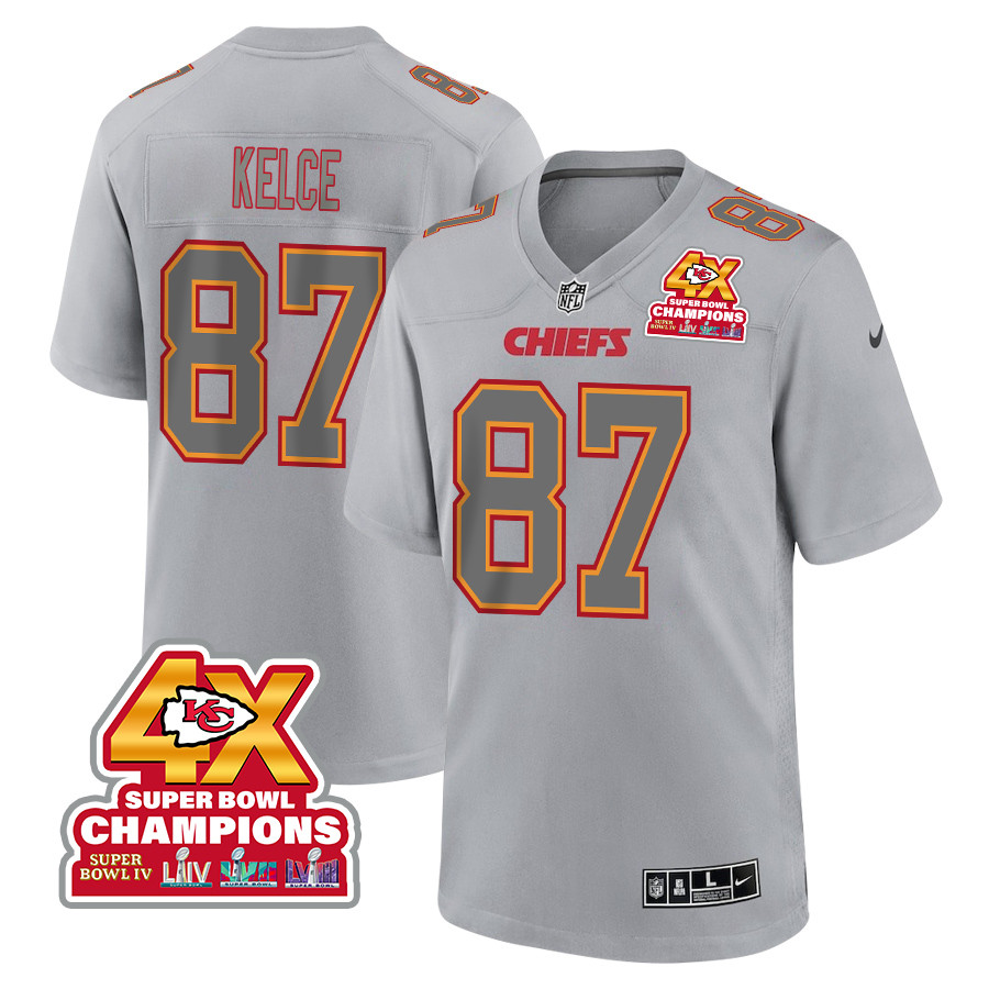 Travis Kelce 87 Kansas City Chiefs Super Bowl LVIII Champions 4X Atmosphere Fashion Game Gray NFL Jersey Men's