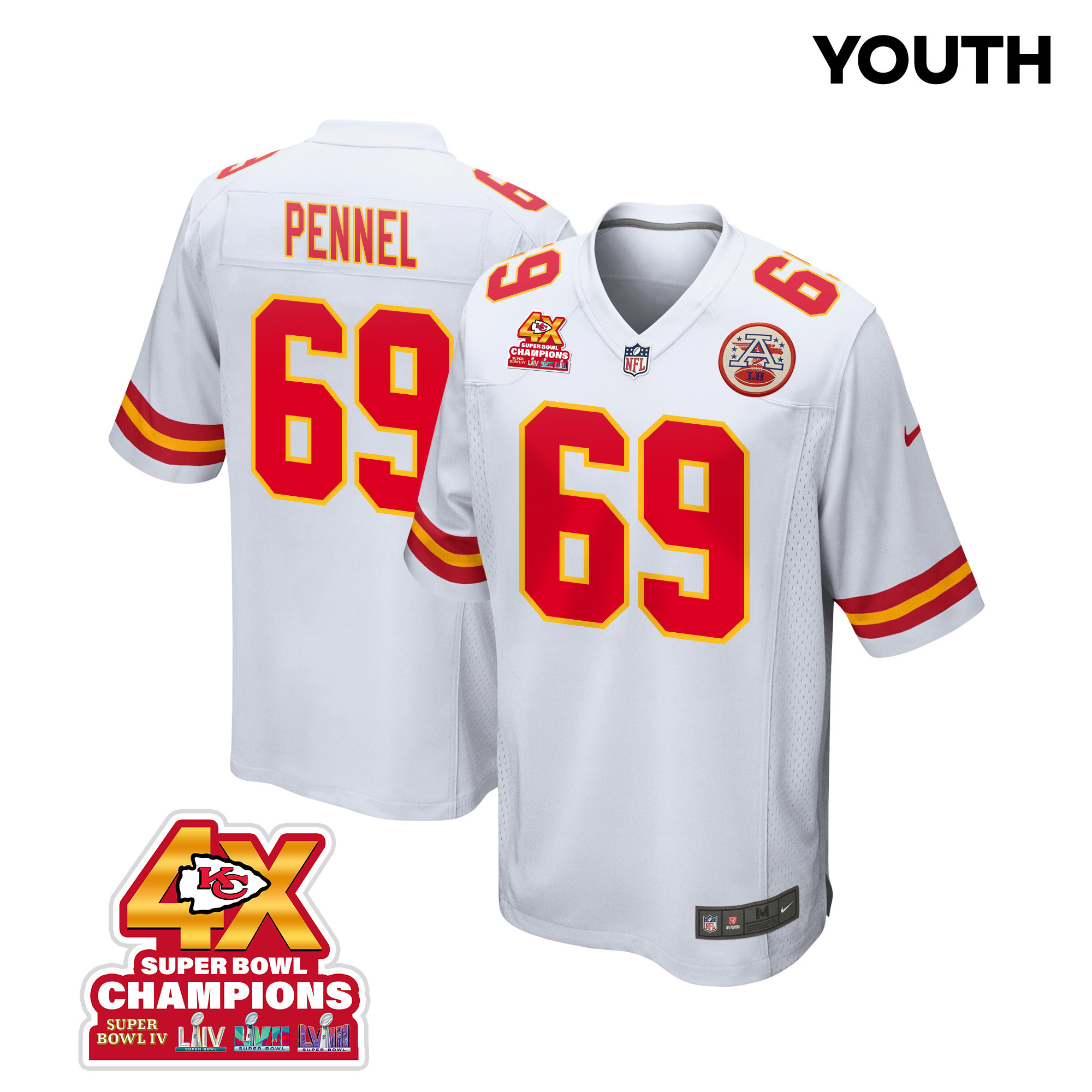 Mike Pennel 69 Kansas City Chiefs Super Bowl LVIII Champions 4X Game White NFL Jersey Youth