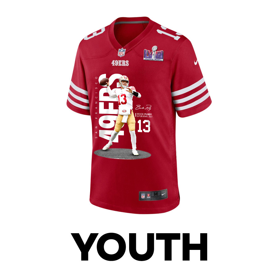 Brock Purdy 13 San Francisco 49ers Throwing Ball Game Scarlet NFL Jersey Youth