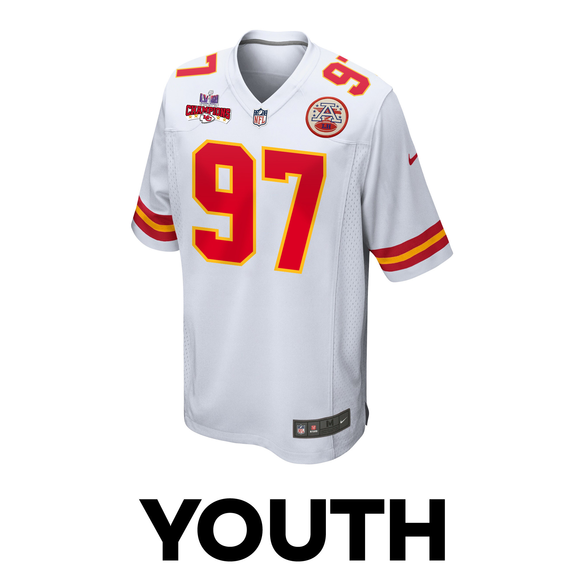 Felix Anudike-Uzomah 97 Kansas City Chiefs Super Bowl LVIII Champions 4 Stars Patch Game White NFL Jersey Youth