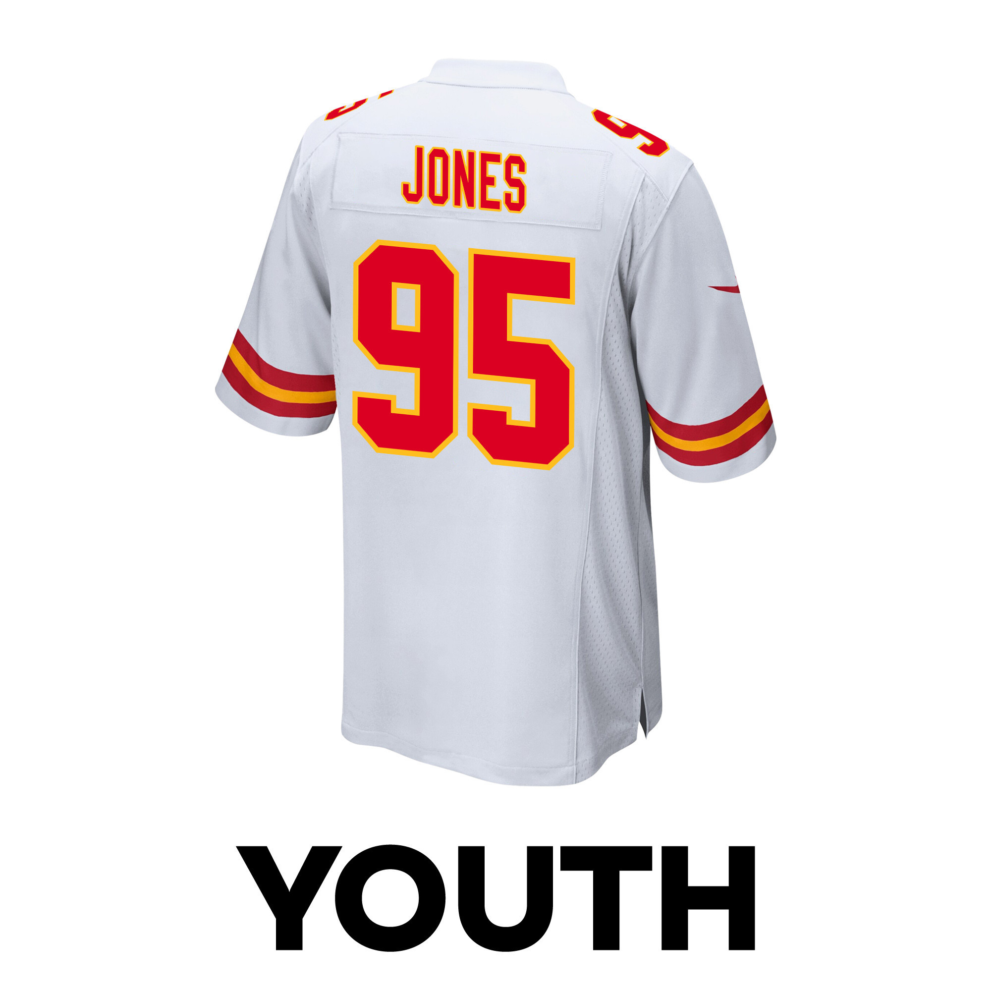 Chris Jones 95 Kansas City Chiefs Super Bowl LVIII Champions 4 Stars Patch Game White NFL Jersey Youth