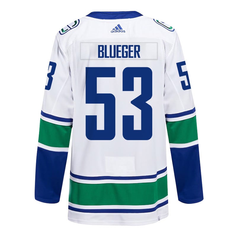 Teddy Blueger 53 Vancouver Canucks 2024 Playoffs Patch Away White NHL Jersey Men's