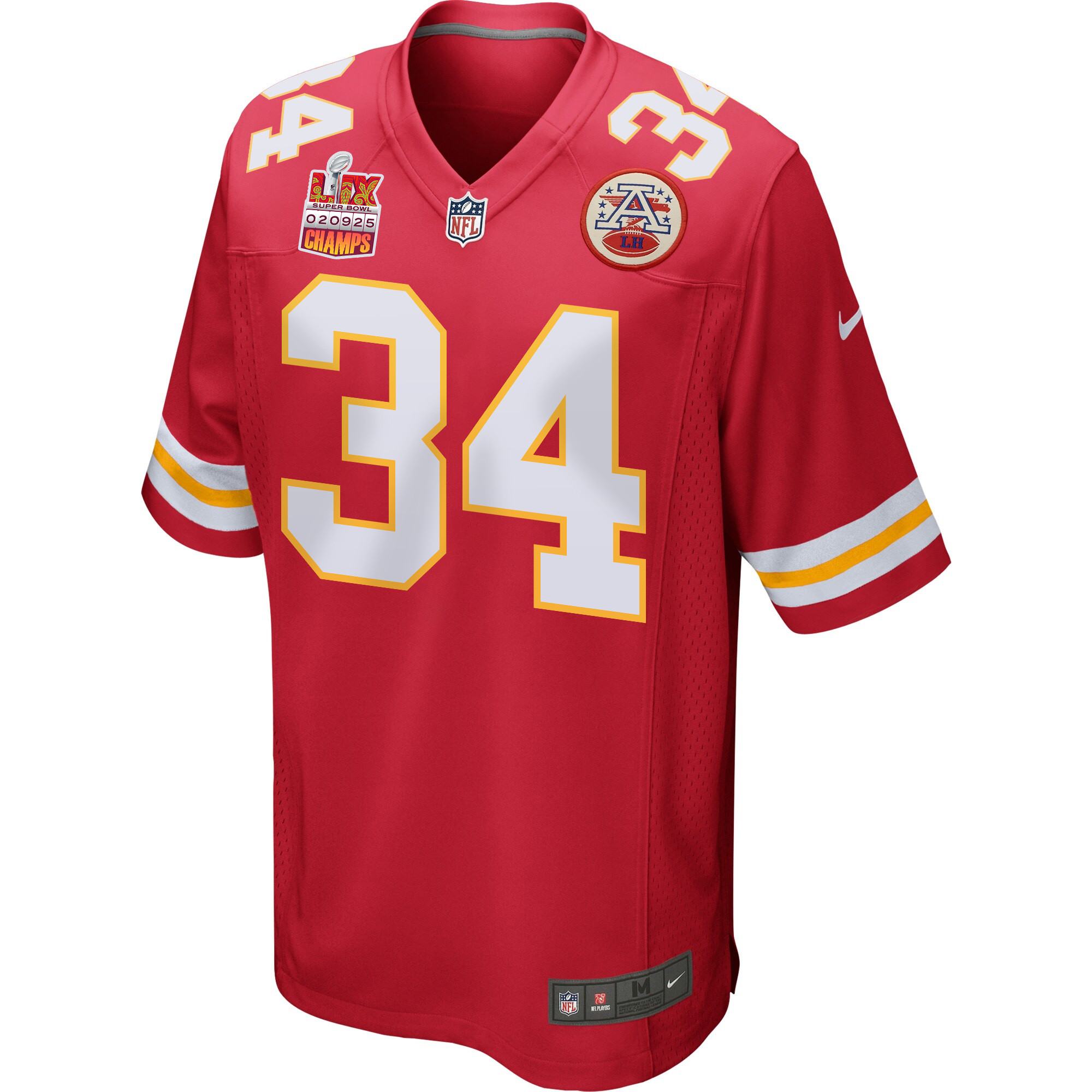 Samaje Perine 34 Kansas City Chiefs Super Bowl LIX Champions Patch Game Red NFL Jersey Men's