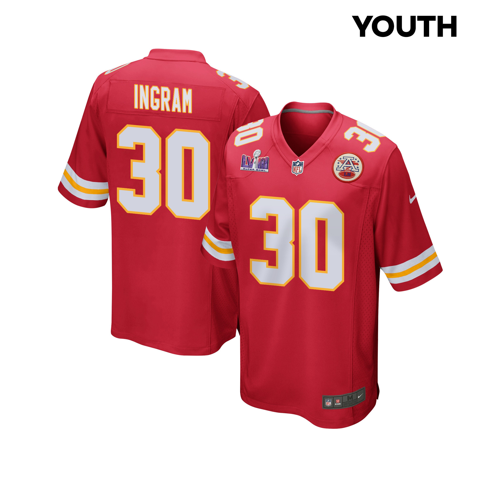 Keaontay Ingram 30 Kansas City Chiefs Super Bowl LVIII Patch Game Red NFL Jersey Youth