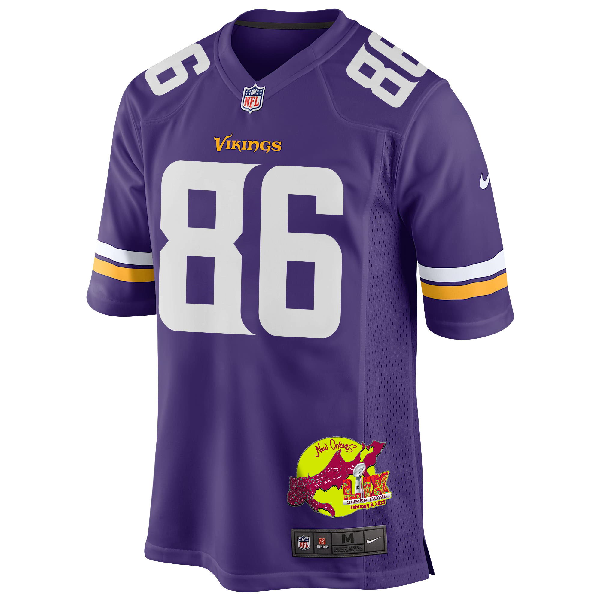 Johnny Mundt 86 Minnesota Vikings Super Bowl LIX New Orleans Patch Game Purple NFL Jersey Men's