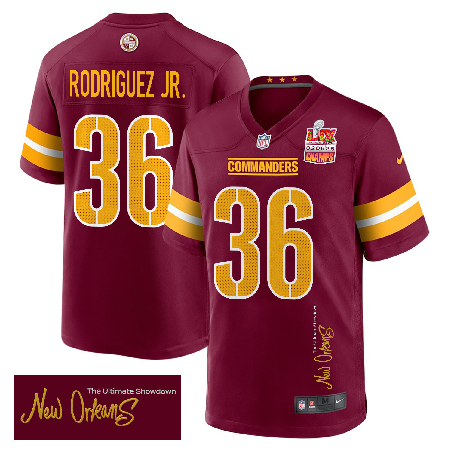 Chris Rodriguez Jr. 36 Washington Commanders Super Bowl LIX Champions Patch New Orleans The Ultimate Showdown' EMBROIDERED Game Burgundy NFL Jersey Men's