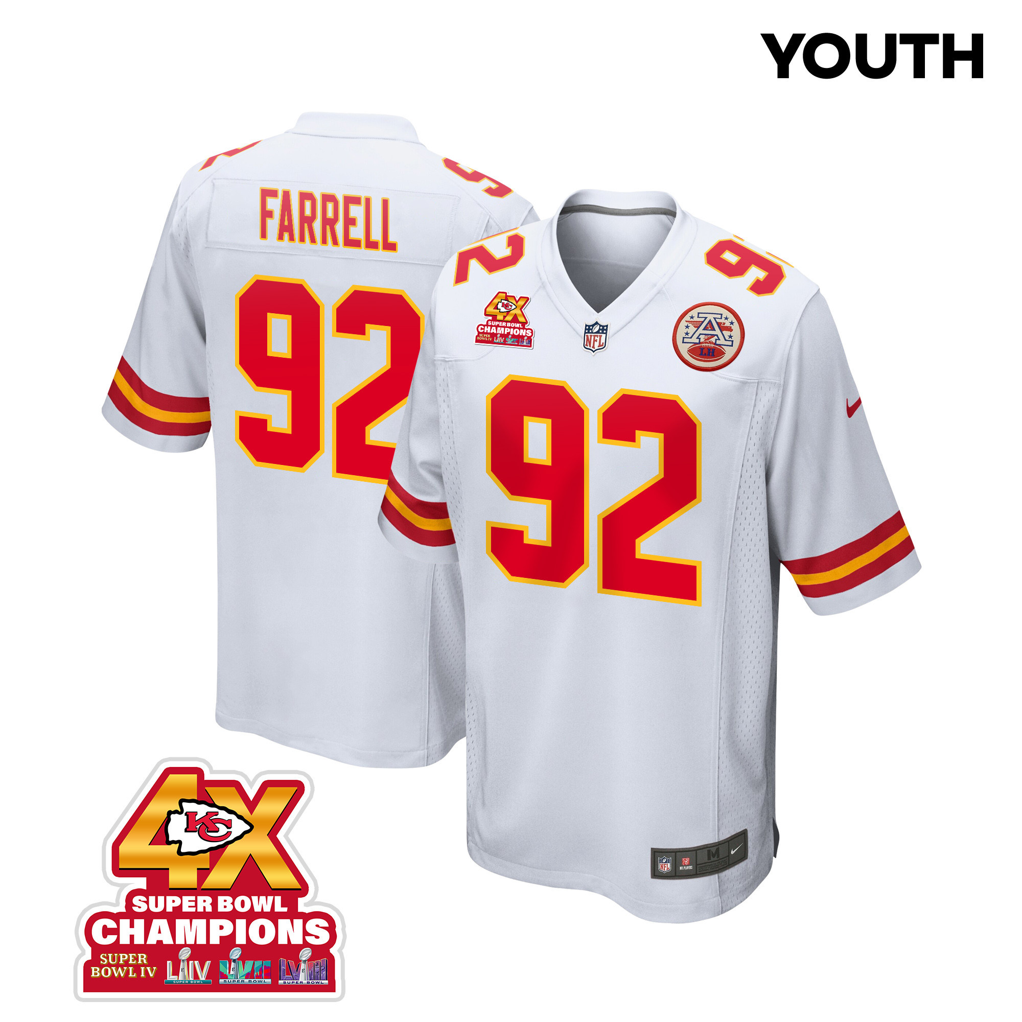 Neil Farrell 92 Kansas City Chiefs Super Bowl LVIII Champions 4X Game White NFL Jersey Youth