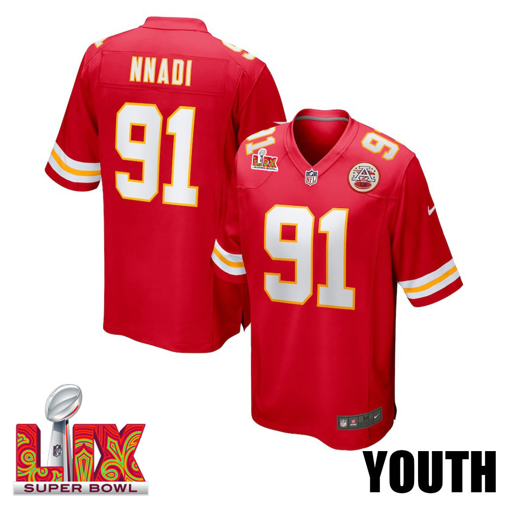 Derrick Nnadi #91 Kansas City Chiefs Super Bowl LIX Red NFL Jersey Youth
