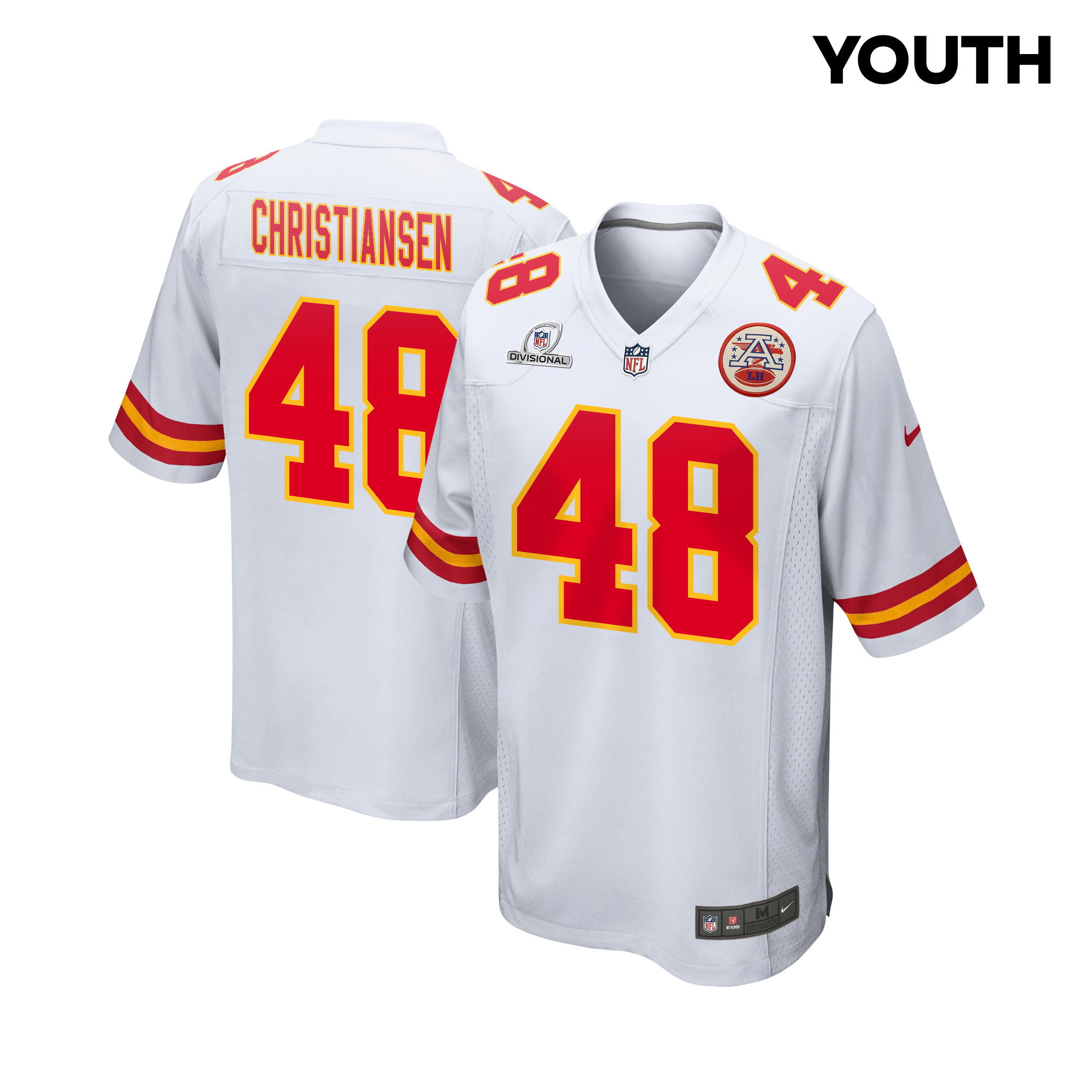 Cole Christiansen 48 Kansas City Chiefs Super Bowl LVIII Patch Game White NFL Jersey Youth
