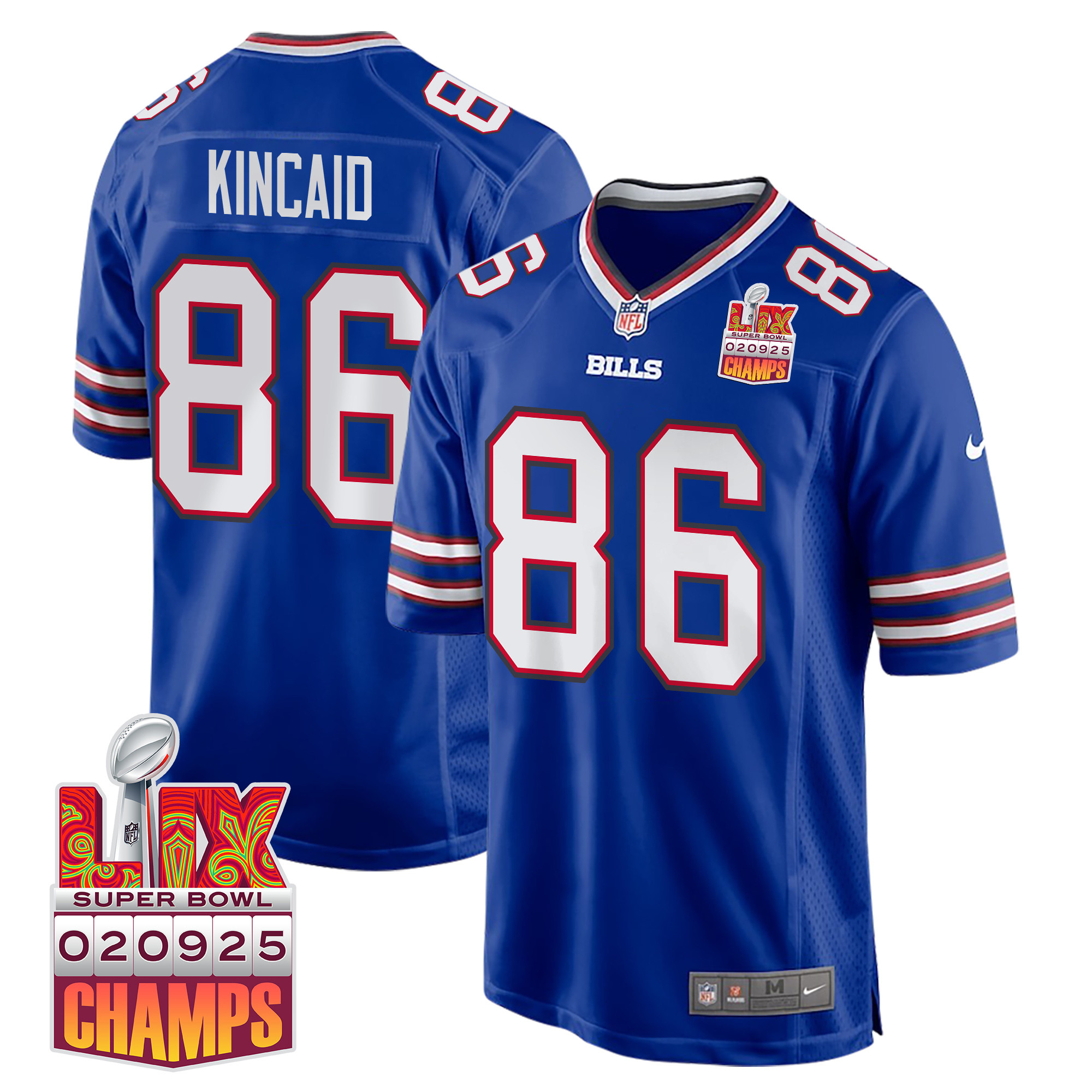 Dalton Kincaid 86 Buffalo Bills Super Bowl LIX Champions Patch Game Royal NFL Jersey Men's