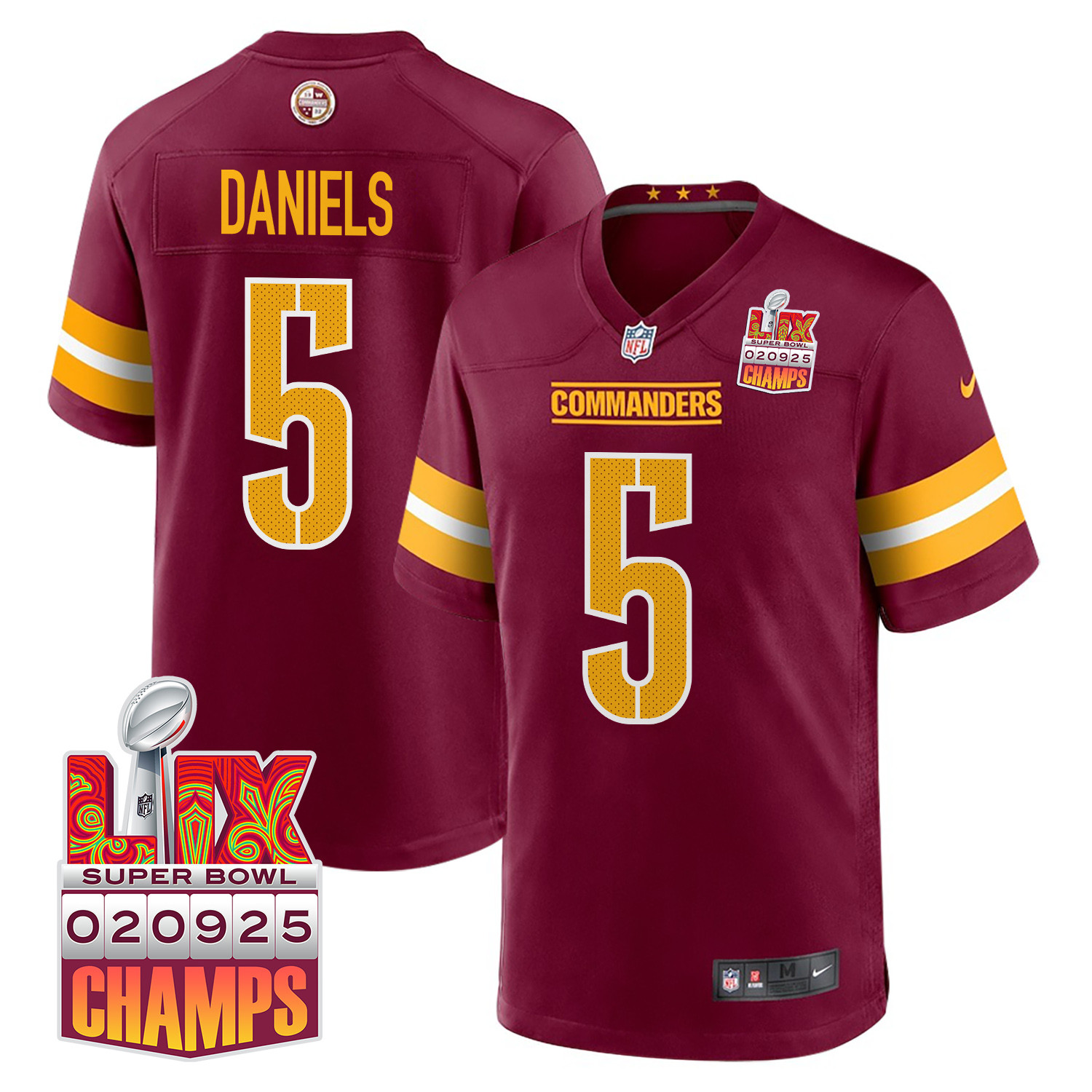 Jayden Daniels 5 Washington Commanders Super Bowl LIX Champions Patch Game Burgundy NFL Jersey Men's