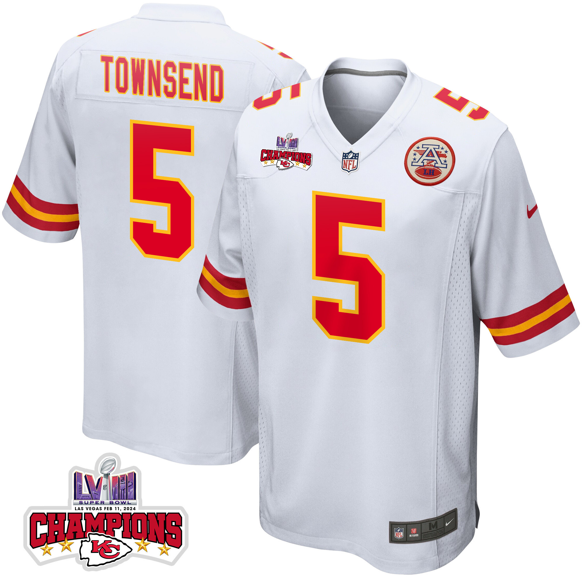 Tommy Townsend 5 Kansas City Chiefs Super Bowl LVIII Champions 4 Stars Patch Game White NFL Jersey Men's