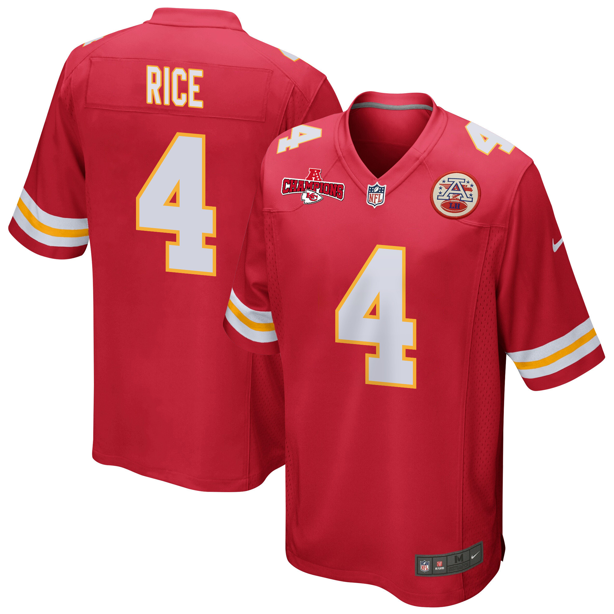 Rashee Rice 4 Kansas City Chiefs AFC Champions Patch Game Red NFL Jersey Men's